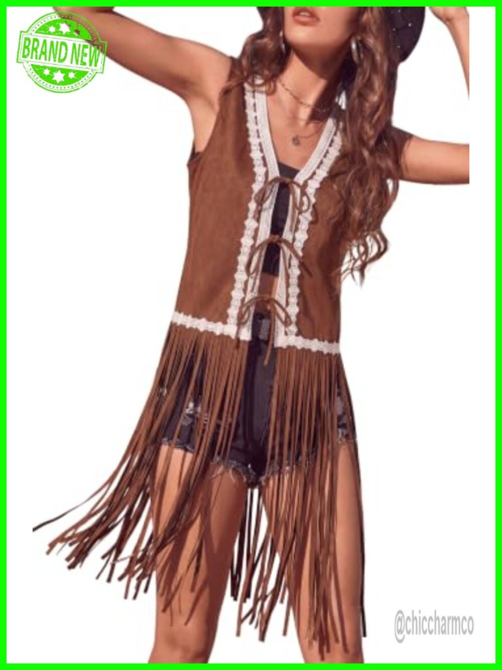 Faux Suede Fringe Vest Sleeveless Front Tie Lace Trim Western Hippie